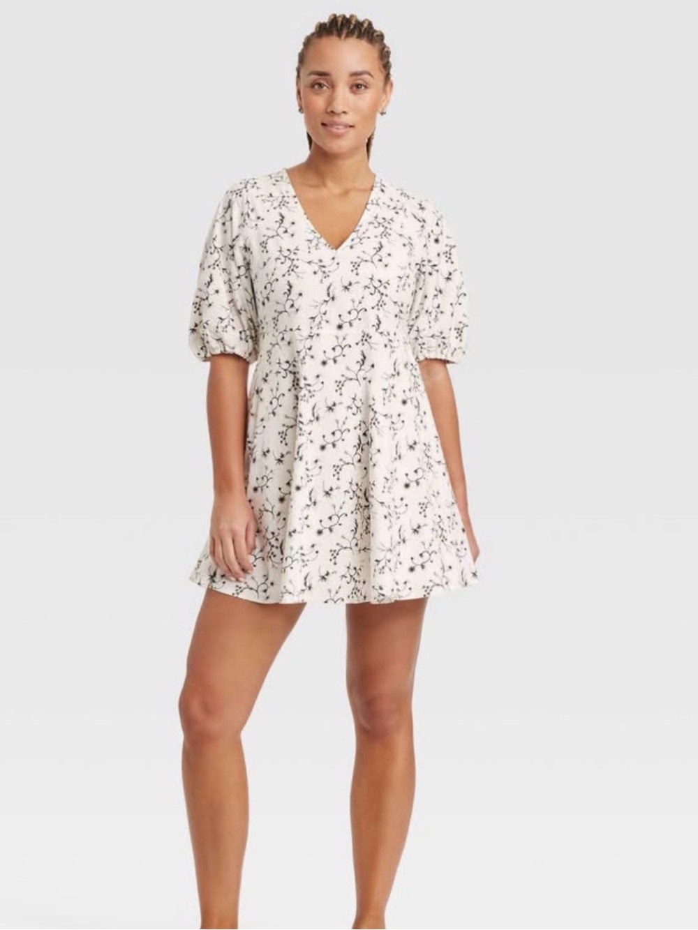 Universal Thread White Floral Mini Dress with Black Print
